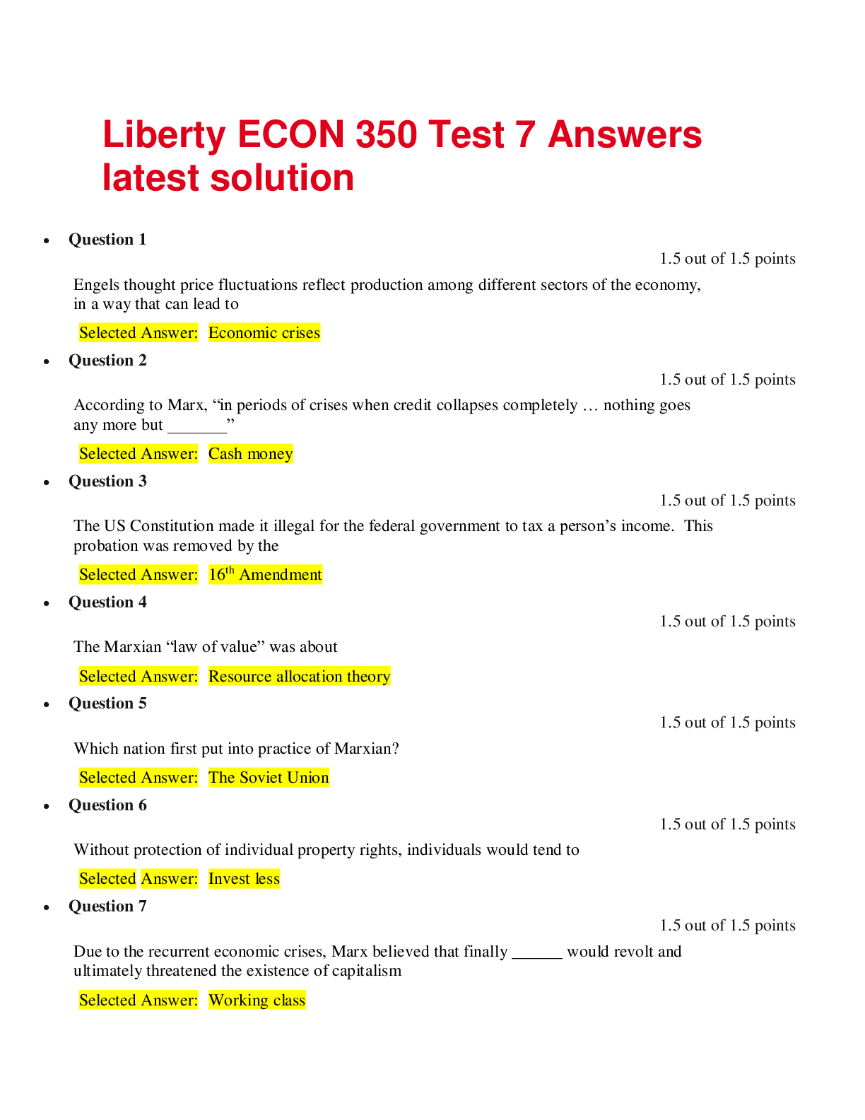 Preview image of Liberty ECON 350 Test 7 Answers latest solution document